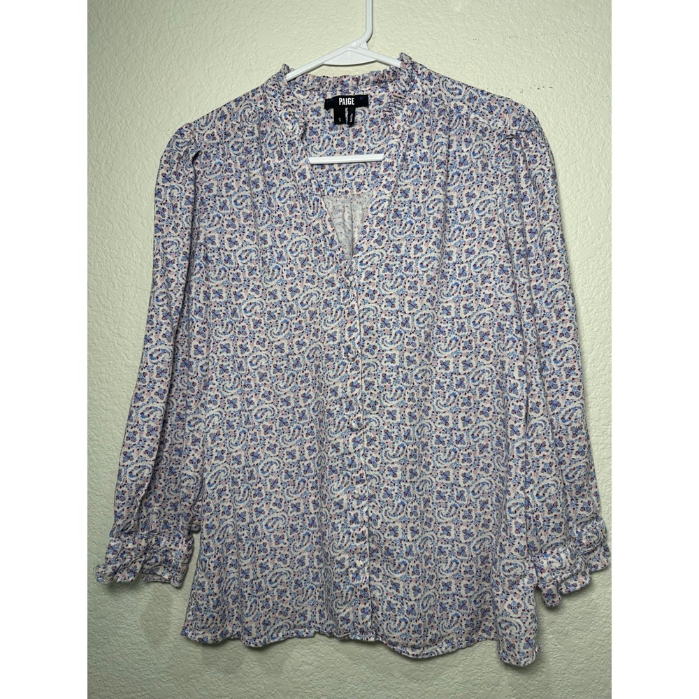 PAIGE Keyra Rayon Linen Blend Paisley Shirt French Blue Multi Size S